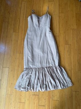 Spaghetti Strap Ruffle-Hem Midi Dress in Light Taupe bridesmaid dress